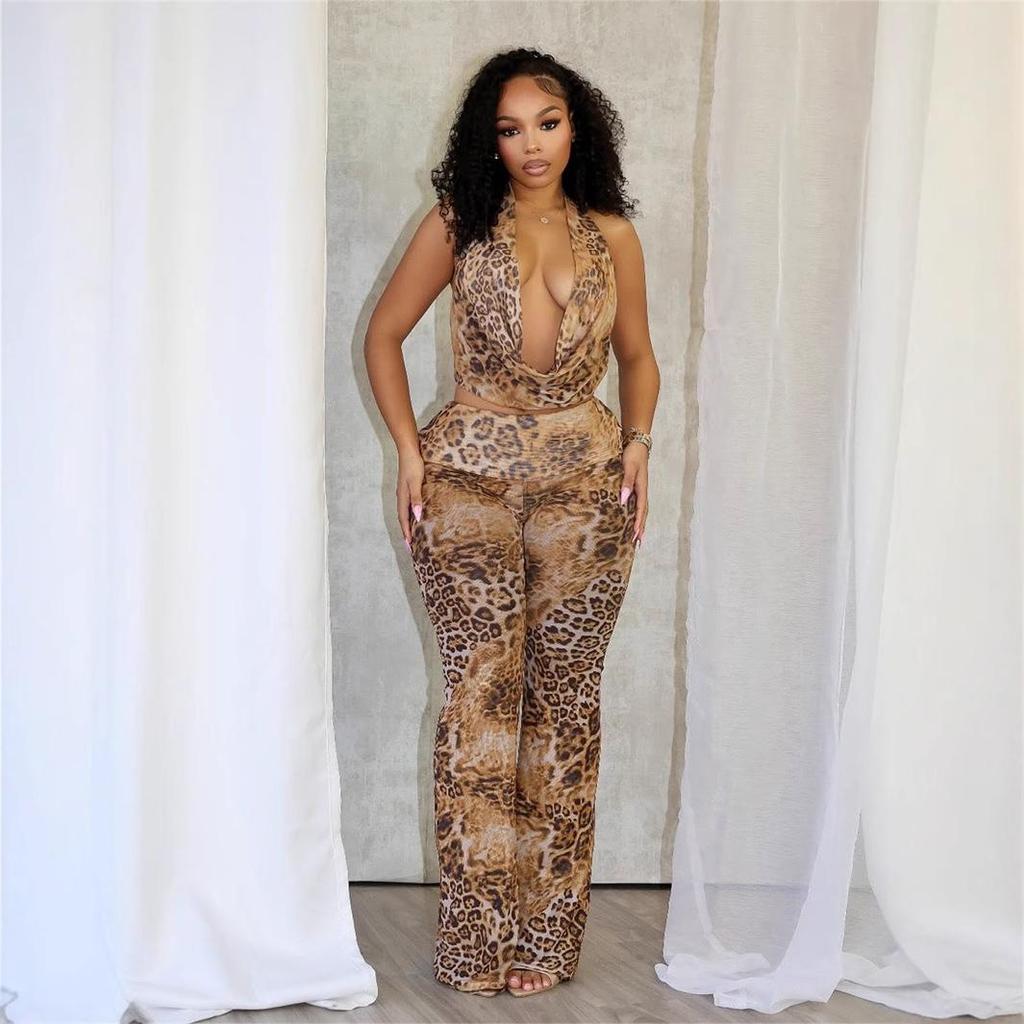 European & American Leopard Print Lace-up Halter Backless Top and Slim Long Pants Set
