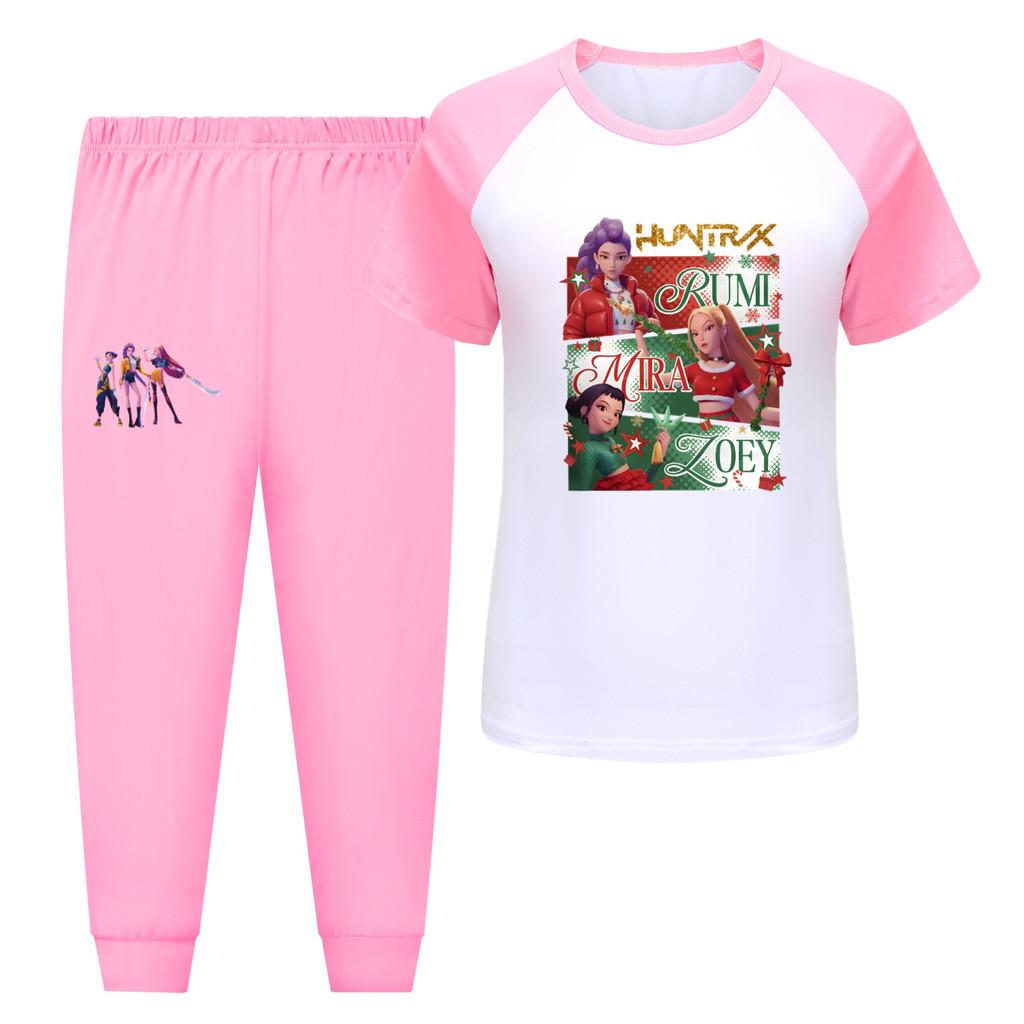 

5181 Kids Girls Rumi Zoey Mira Hunters Print T-shirt Pants Trouser Clothes Set 170cm рожевий