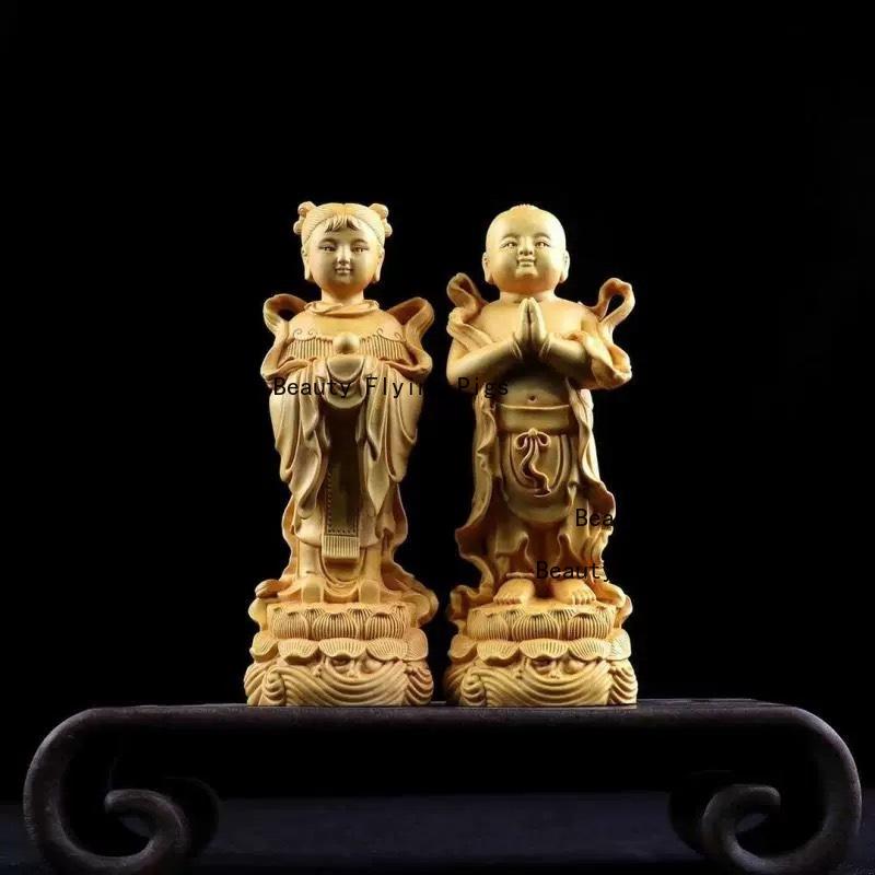 Golden Boy and Jade Girl Wooden Ornament Chinese Style Solid Wood Carved Ornaments Wooden Carving Crafts Home Decorations