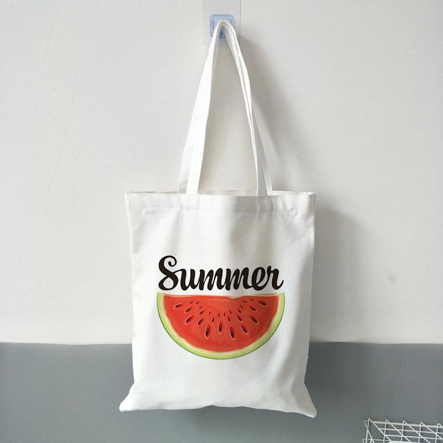 New Women's Casual Canvas Shopping Bag Hello Summer Watermelon Print Eco Tote Travel Bag Lady Handbag Reusable Large Capacity