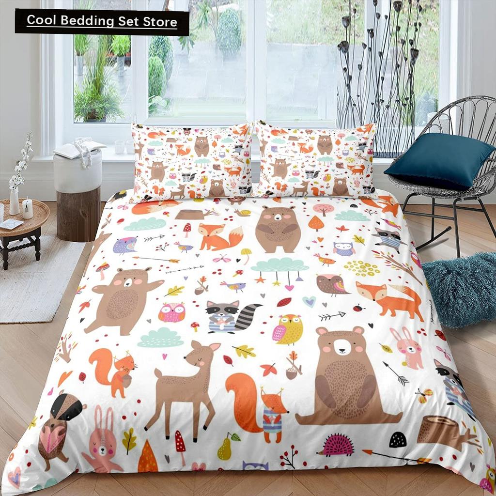 3D Squirrel King Queen Duvet Cover Soft Wildlife Green Leaves Bedding Set for Kids Teens Adults 2 3pcs