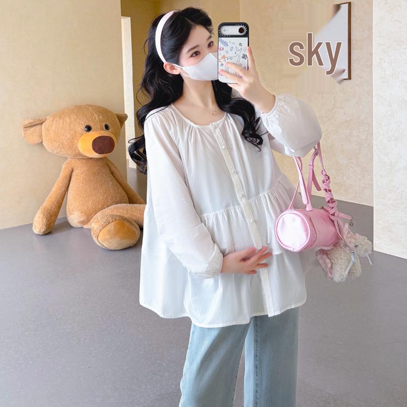 2026 Spring Korean Style Maternity Ruffled Doll Shirt Top Extra Large