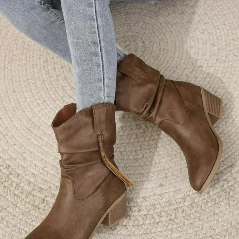 New Shoes For Women Slip-On Women'S Boots Fashion Sewing Daily Boots Women  Round Toe Square Heel Ankle Boots