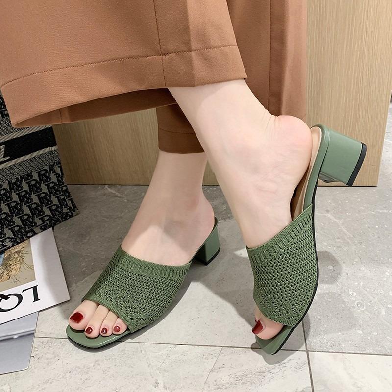 Medium Heel Cool Slippers Women's Summer New Fly-woven Outer Wear One-word Fashion Women's Cool Slippers