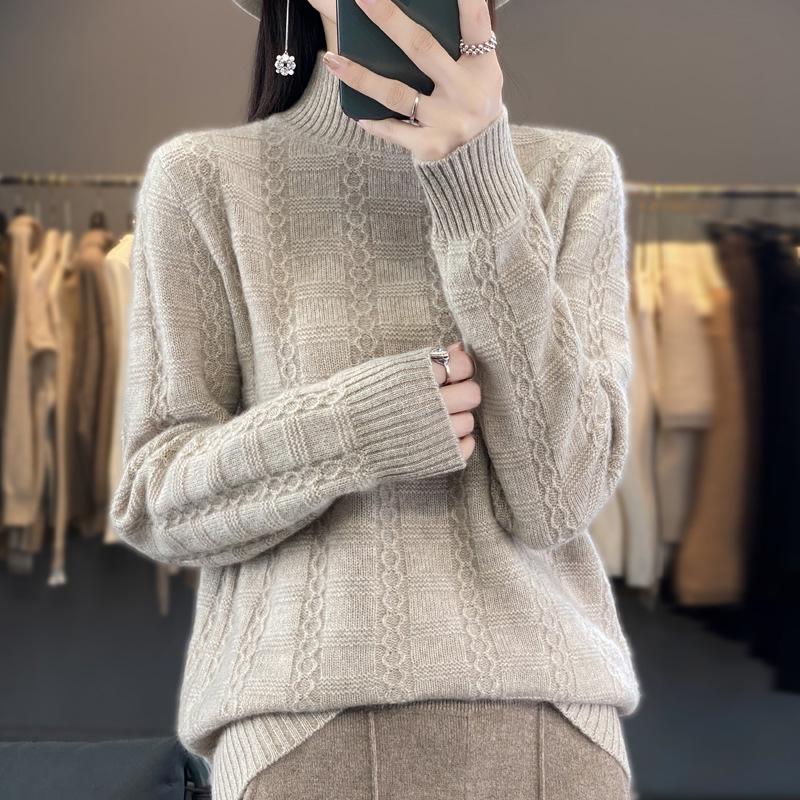 Women's Loose Thickened Mid-Neck Wool Knitwear - Autumn/Winter Long Sleeve Base Layer Sweater