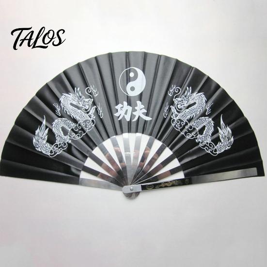 Handheld Tai Ji Fan Dual Dragon Print Loud Clack Chinese Style Portable Large Size Performance Prop Crafts Anti-rust Stainless Steel Rib Folding