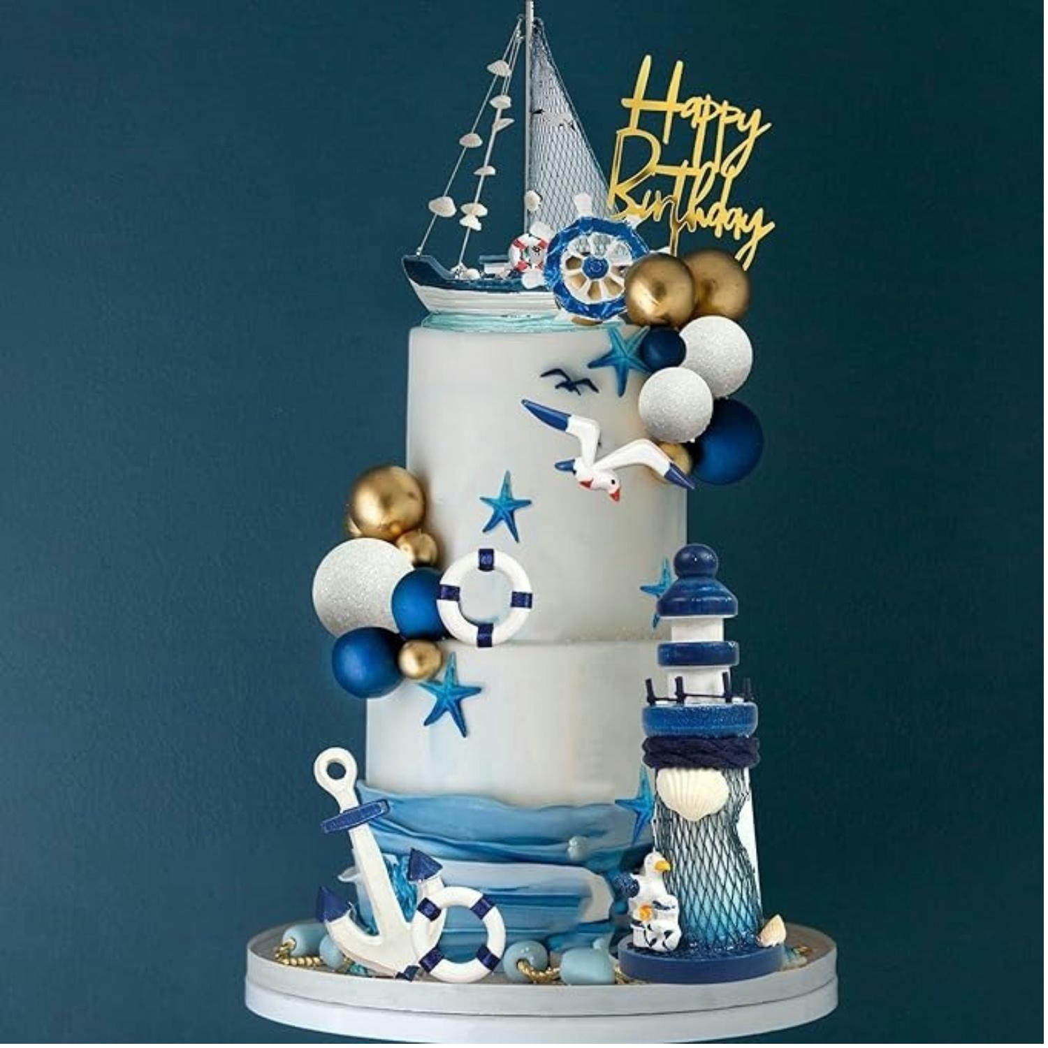 

24Pcs Blue White Nautical Theme Cake Topper Anchor Ship Seagull Cake Decorations Birthday Party Summer Ship Party Picks Supplies