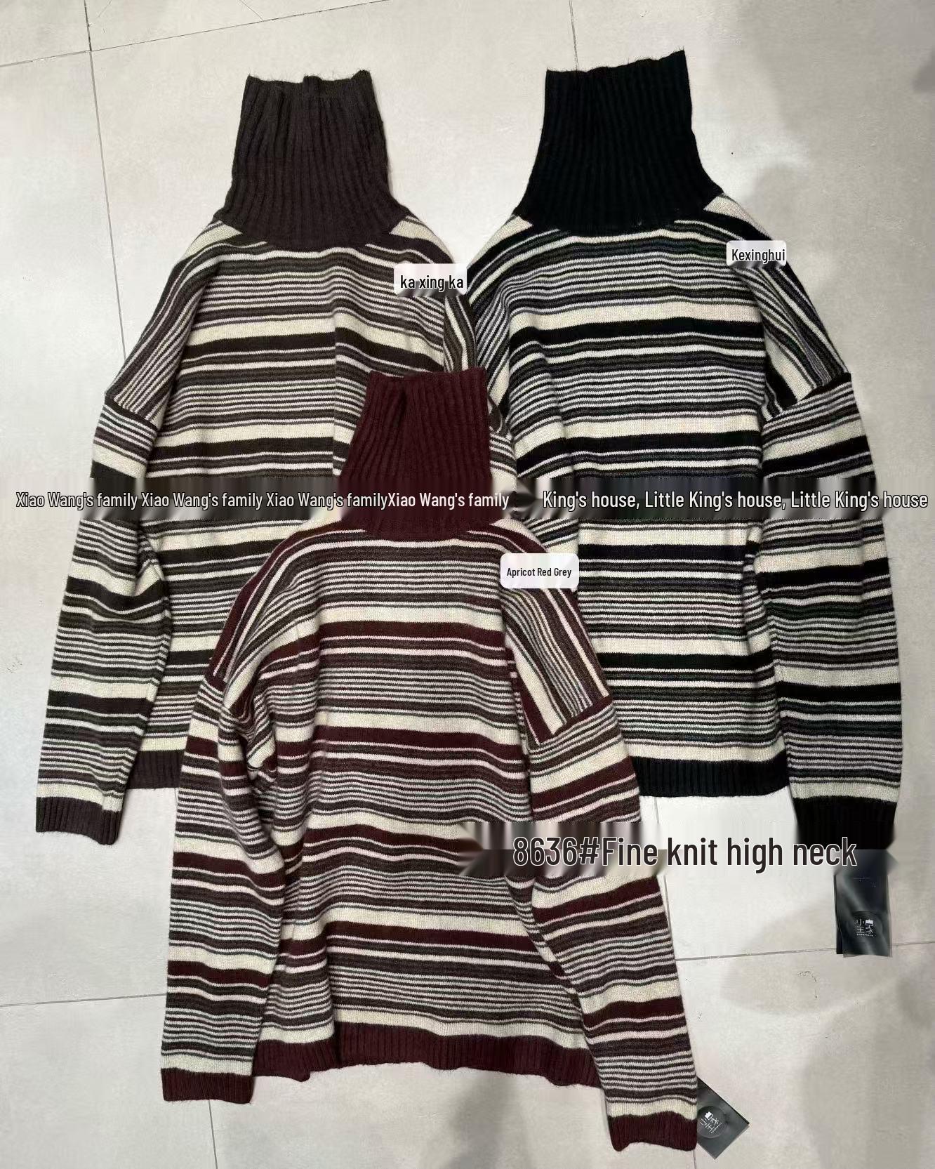 

Зимний полосатый свитер с высоким воротником, толстой вязки, в корейском стиле, большого размера, модель Xiao Wang 8636 Red-Apricot Gray