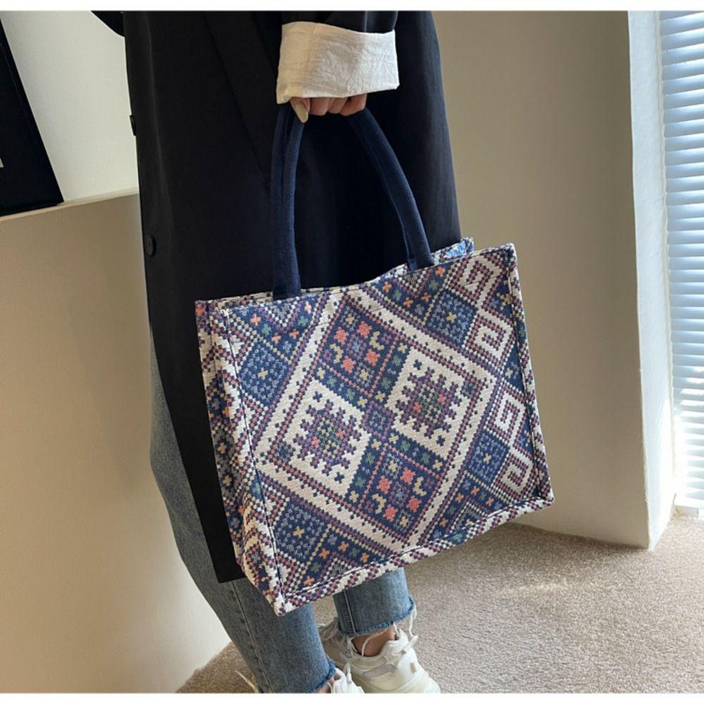 Versatile Ethnic Style Tote Bag Large Capacity Retro Handbag Organizer Canvas Casual Women's Shoulder Bag Female
