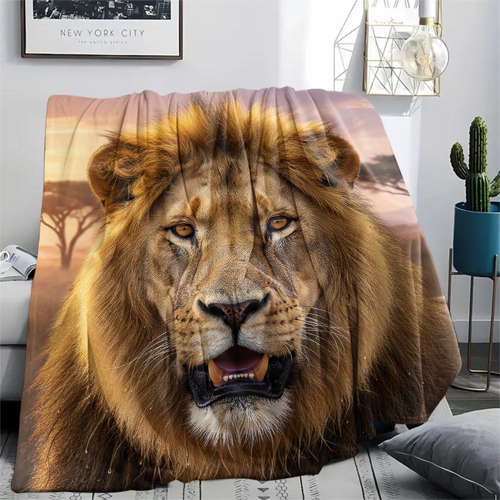 1Pc Tiger Lion Print Flannel Blanket, High Quality Comfortable for All Seasons, Home Decor, Warmth and Comfort, Perfect for Gifts