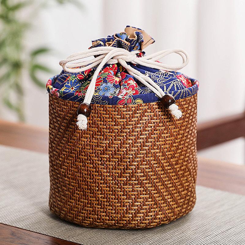 

Vine Woven Tea Can Portable Gift Bags with A Closed Handle Bag Round Bottom Drawstring Bag Tea Set Packaging and Storage Bags 12x13cm 4pcs