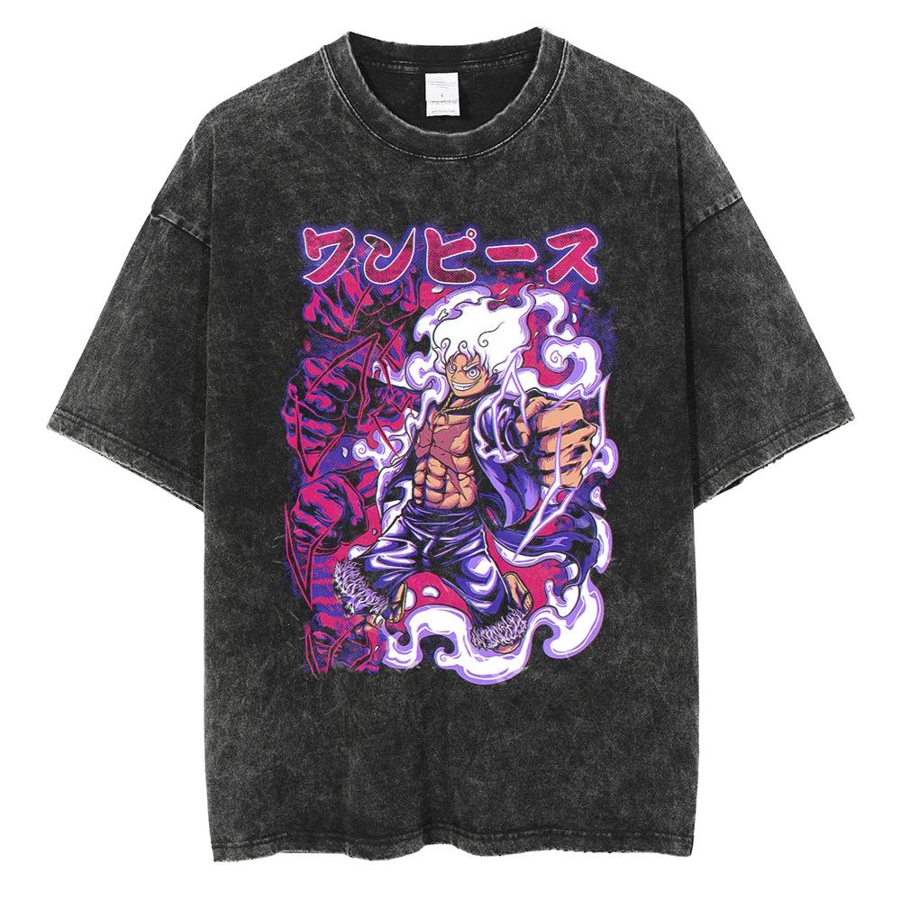 Harajuku Fashion Vintage TShirt Japanese ONE PIECE Anime Graphic Oversize T Shirt Washed Tshirt Men Summer Cotton Tops Tees