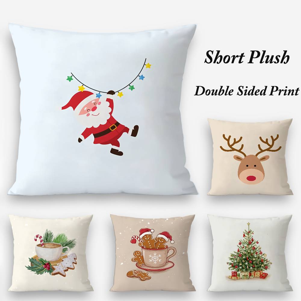 Christmas Santa And Deer Pillow Case Plush Fabric Soft Double Sided Print Sofa Cushion Cover Throw Pillow Covers