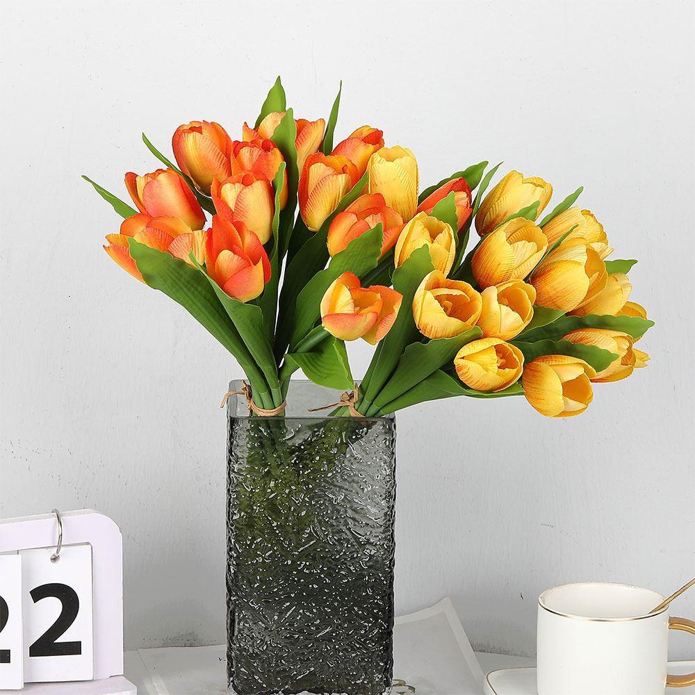 Creative 12 Heads Tulip Artificial Flower Green Leaves Multicolor Simulation Tulip Flower DIY Photo Props Faux Flower Gift