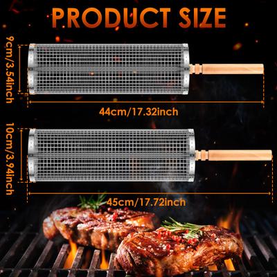 Rolling Grilling BBQ Basket Stainless Steel Leak Proof Mesh Barbecue Rack Outdoor Picnic Camping Simple Cylindrical BBQ Grill