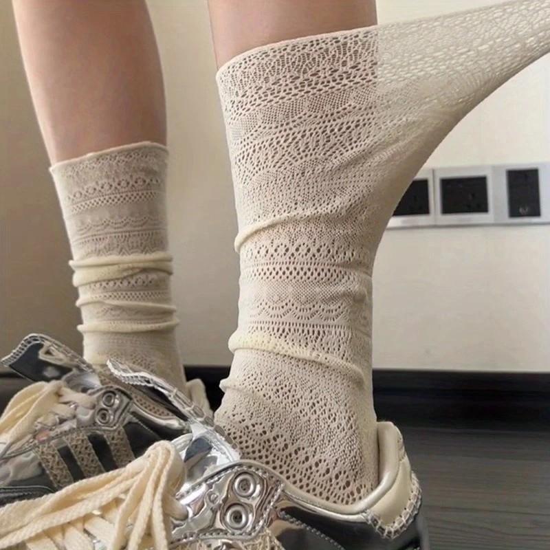 1/4 Pairs Women Lace Trimmed Knee High Socks Summer Hollow Out Design Lightweight Breathable Soft Comfortable Casual Socks