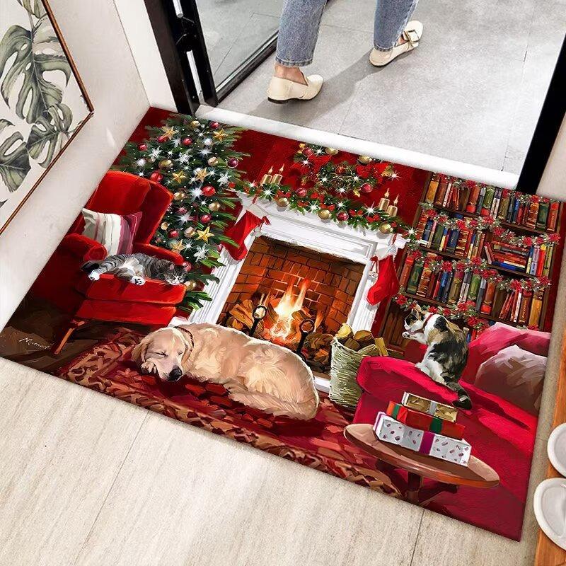 1pc Red Rug Marry Christmas Gift 3D Print Non-slip Rug Entrance Mat Home Living Room Bedroom Ornament New Year Christmas Decor