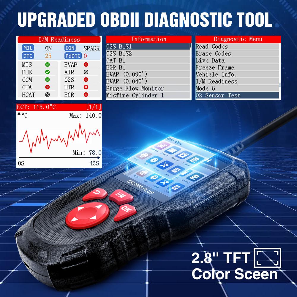 LAUNCH X431 CR3008 PLUS Kompletní OBD2 diagnostické nástroje Auto OBD OBD2 Automobilový skener Kontrola motoru Baterie Bezplatná aktualizace Online