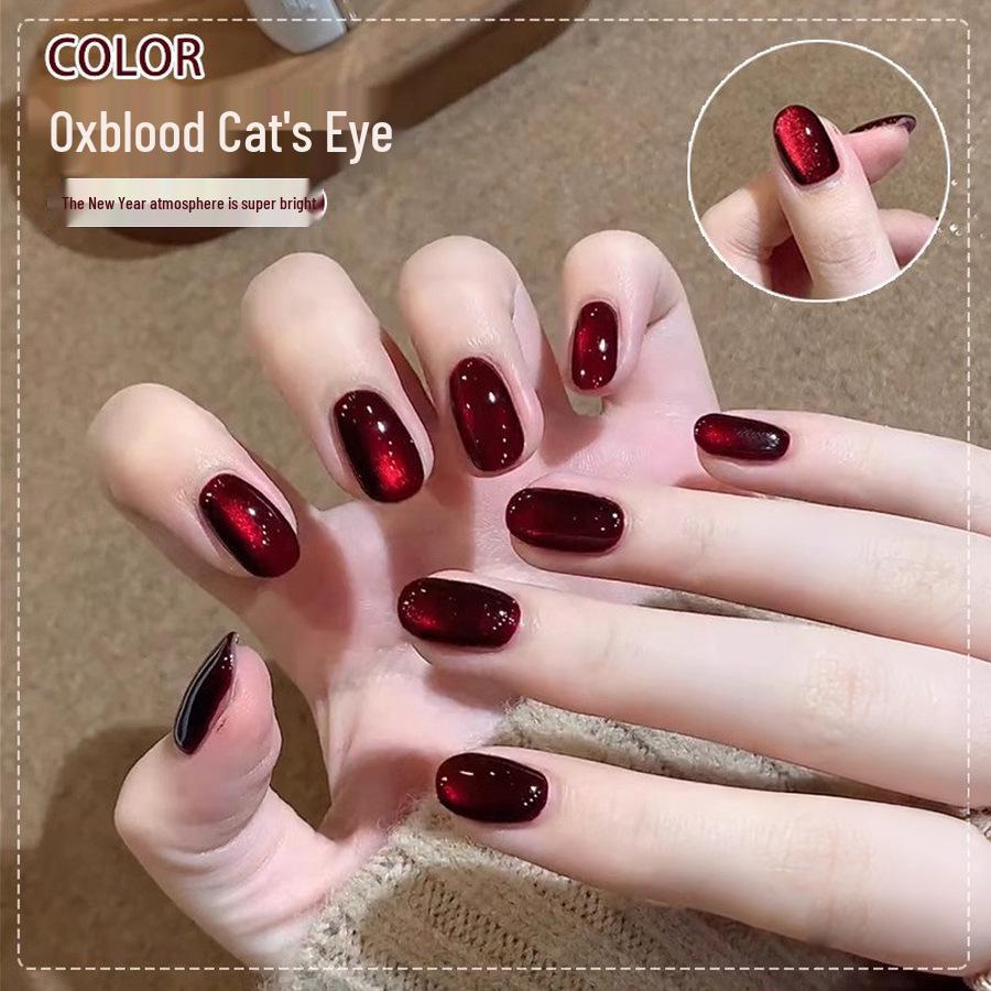 2026 New Style Ox Blood Cat Eye Gel Nail Polish: Red Agate & Wine Red Glass Beads Manicure вино красного