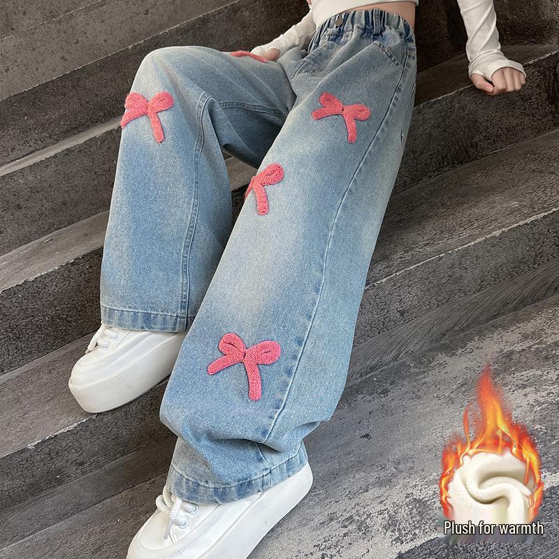 Girls' Chenille Bow Embroidered Fleece-lined Wide-leg Jeans - Stylish Autumn/Winter Slimming Pants