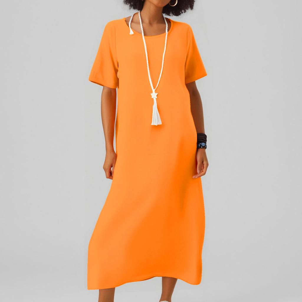 Modisches Damen-Freizeitkleid in Urlaubsfarbe, Rundhals, Kurzarm, Locker