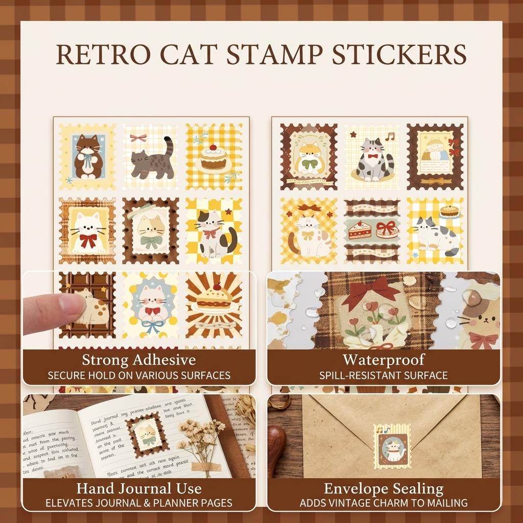 Vintage Cat Stamp Stickers for Journal Decoration with Strong Adhesive and Waterproof Feature