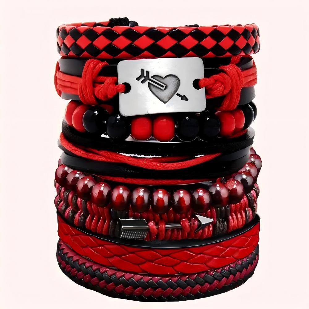 5pcs Set Retro Personality Cupid Arrow Heart Cortex Bracelet for Men Women Couple Weaving Wristband Boho Jewelry Accessory Gift