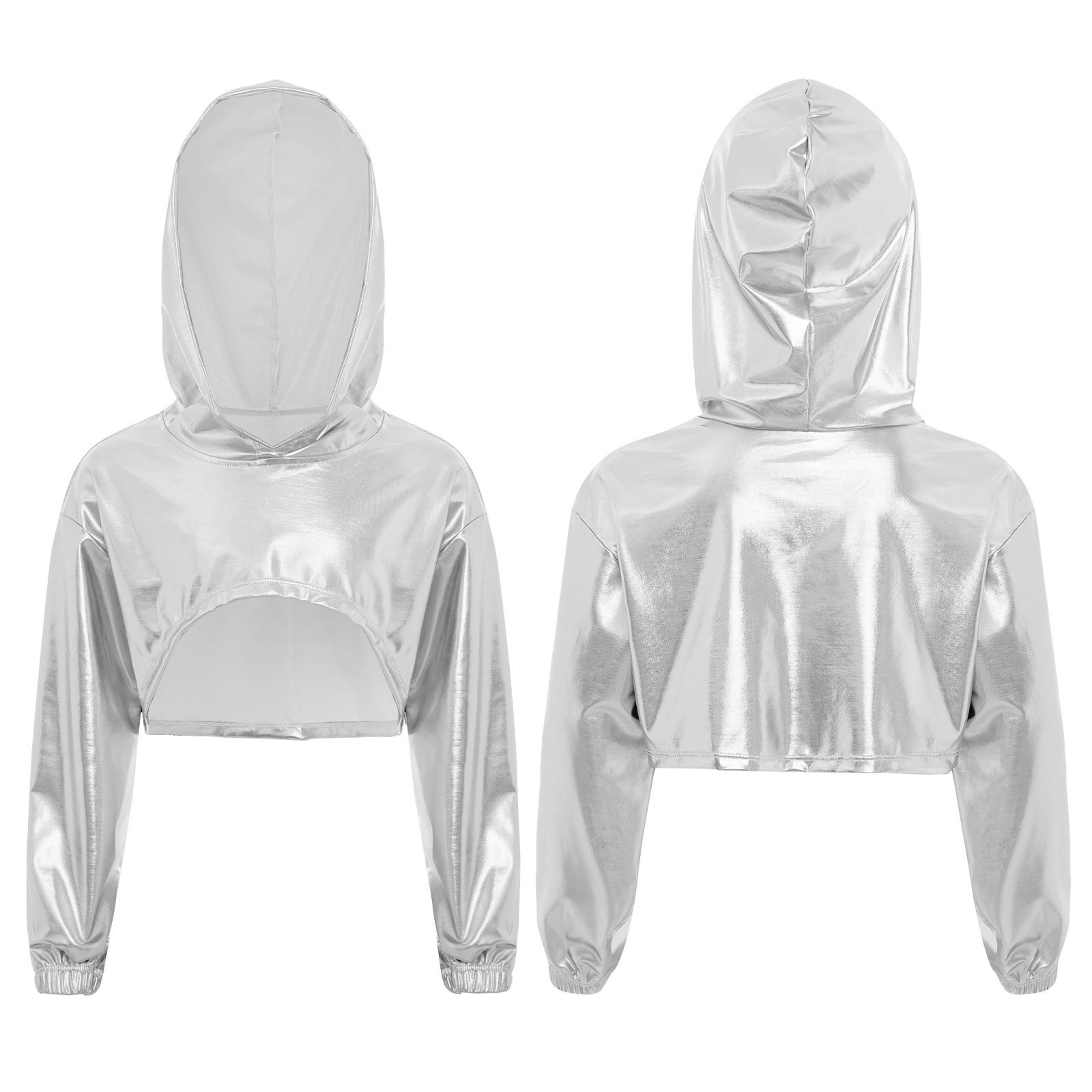 Kinder Mädchen Street Style Tanz Hoodie: Glänzendes Metallic Crop-Top mit asymmetrischem Saum & langen Ärmeln für den Wettkampf 5-6 Years silber