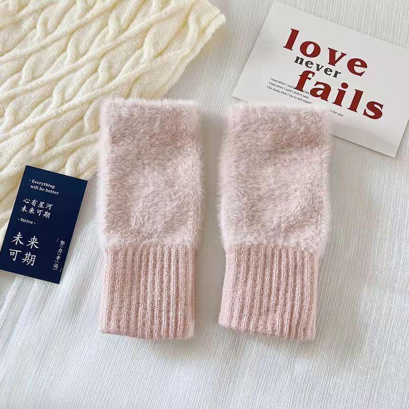 1pair Mink Fleece Soft Winter Half Finger Gloves Women Solid Color Keep Warm Winter Luxury Plush Knitted Wrist Mittens Writting