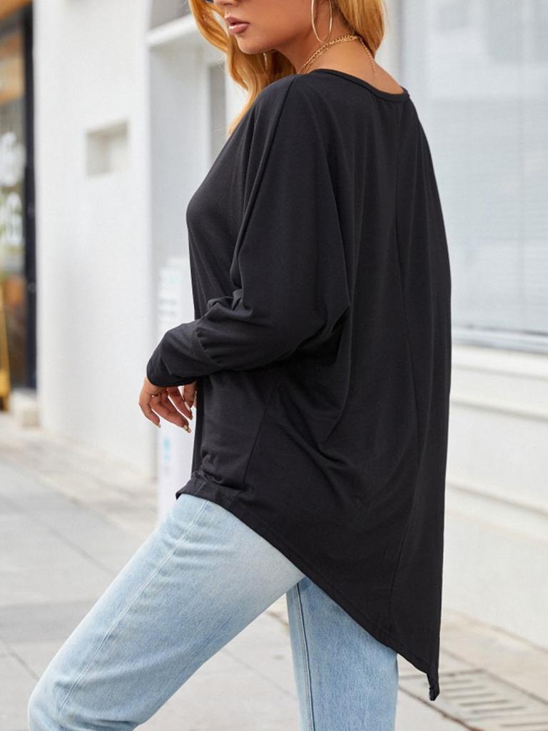 Women's Oversize Long-Sleeve Spring/Fall Asymmetrical Hem T-Shirt