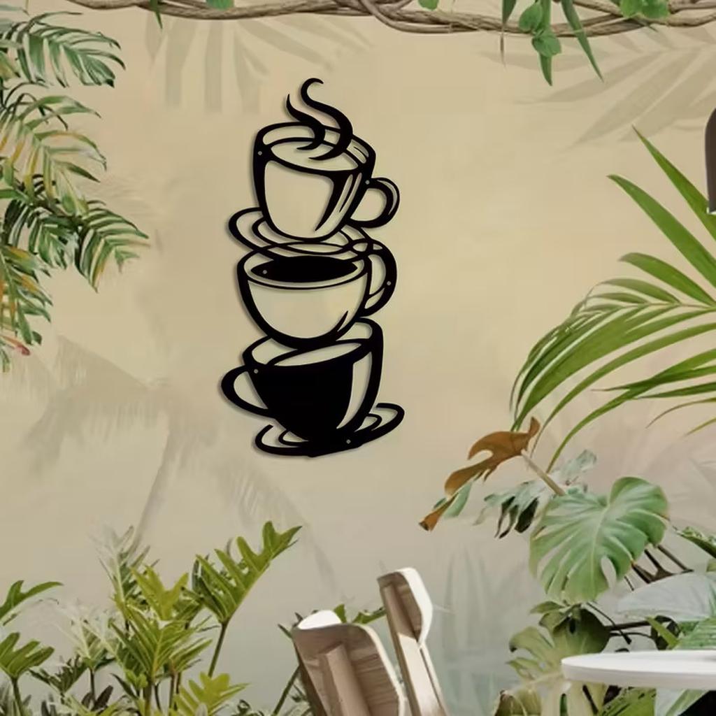 Creative Iron Wall Art Decor Stack of Coffee Cups Outdoor Garden Metal Wall Hanging Sculpture for Patio Balcony Decoration