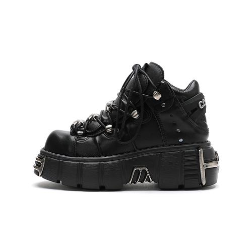 Punk Sneakers for Men Thick Sole Metal Decor Lace-Up Casual Shoes Women Gothic Punk Shoes Thick Sole Flat Trainer Unisex 44 45