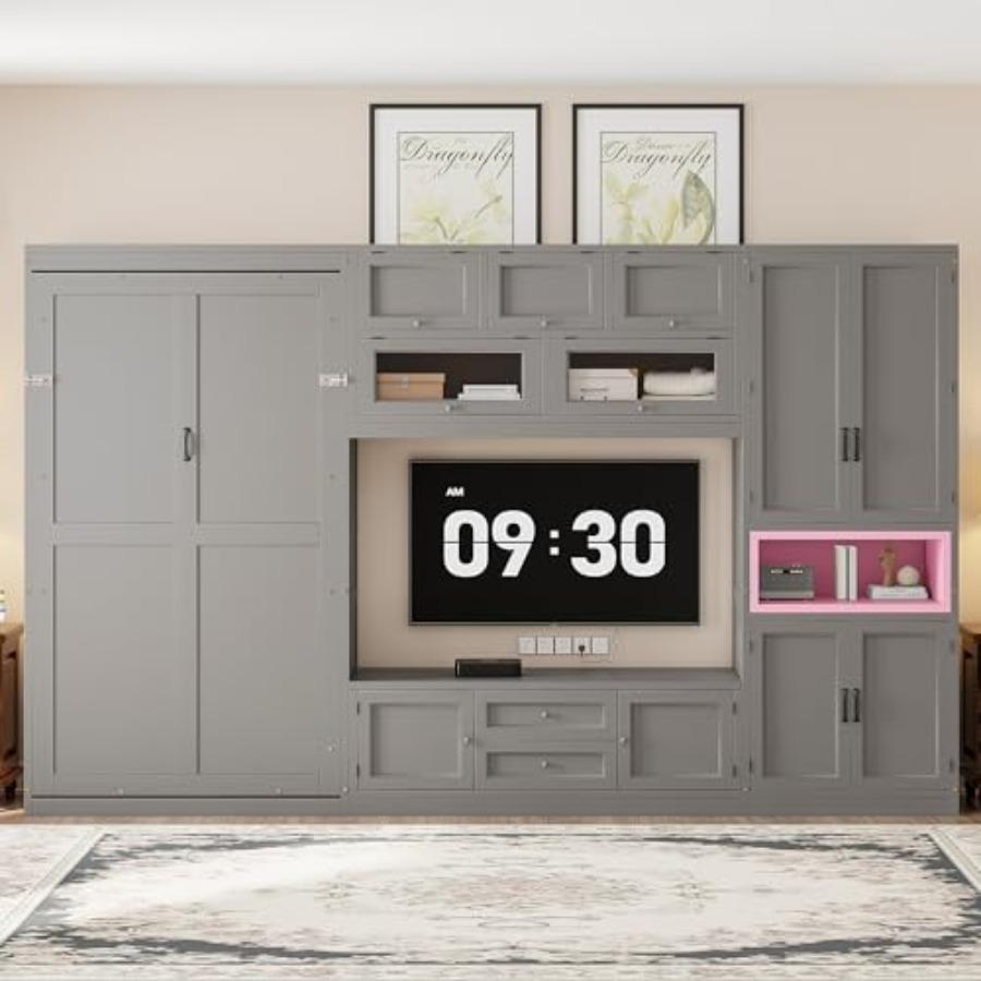 Twin Size Wooden Murphy Bed with TV Stand, Space-Saving Wall Bed Frame with 2 Drawers, Shelves, Cabinets, Foldable Platform for