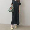 2024 Women's Solid Color Round Neck Pleated Maxi Dress - Loose Fit, Short Sleeve