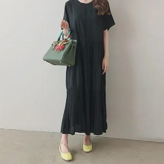 2024 Women's Solid Color Round Neck Pleated Maxi Dress - Loose Fit, Short Sleeve