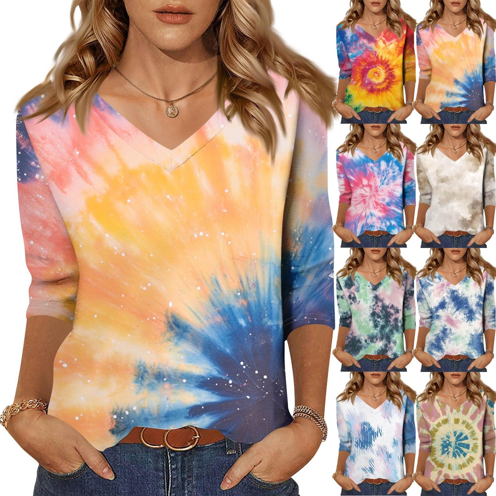 

Women s Fashion Casual Three-quarter Sleeve Tie-Dye Printed Round Neck Top M рожевий
