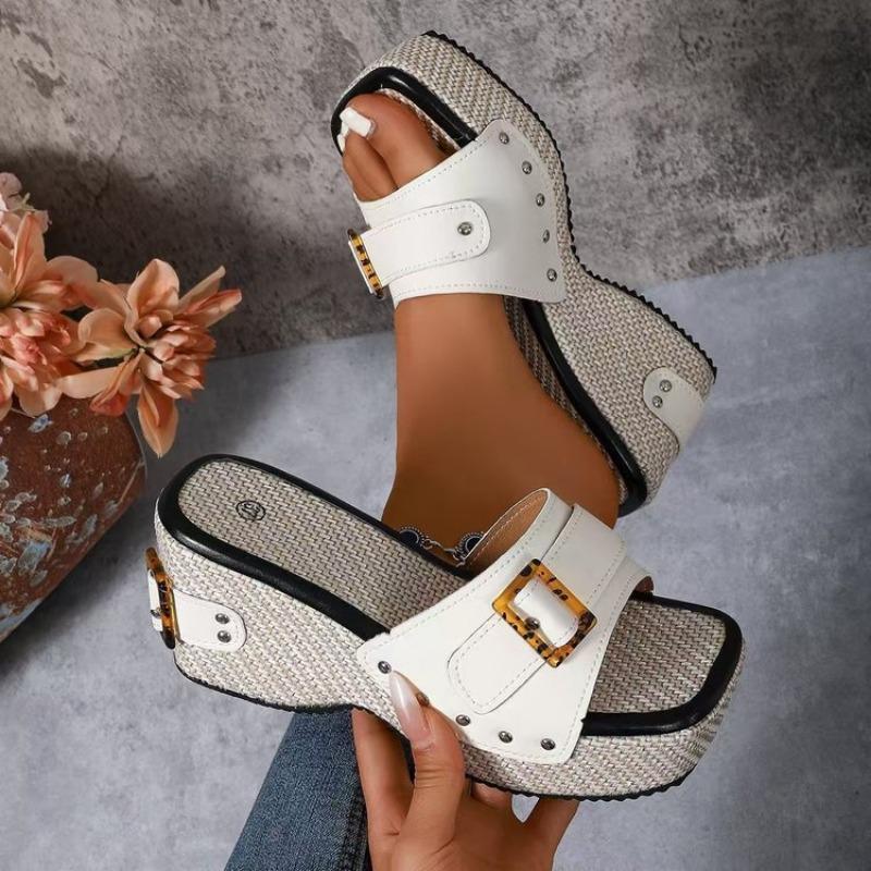 Square-toed Flip-flops for Women In Summer, Thick-soled One-line Flip-flops with Belt Buckles