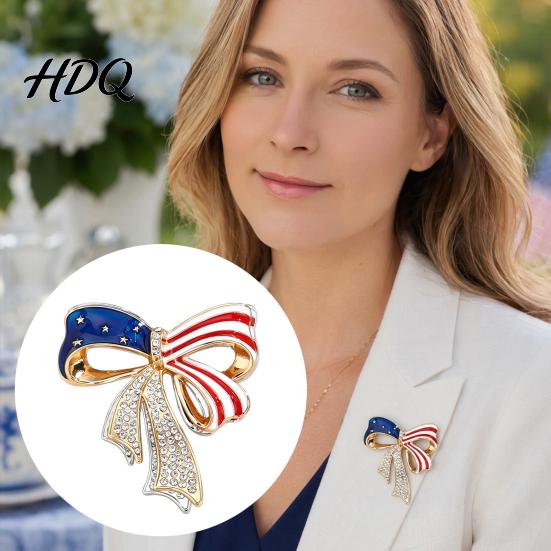 Independence Day Jewelry Bow Brooch Pin Patriotic Rhinestone Lapel Sweater Decorative Pin Cardigan Coat Suit Accessory Gift for 4th of July