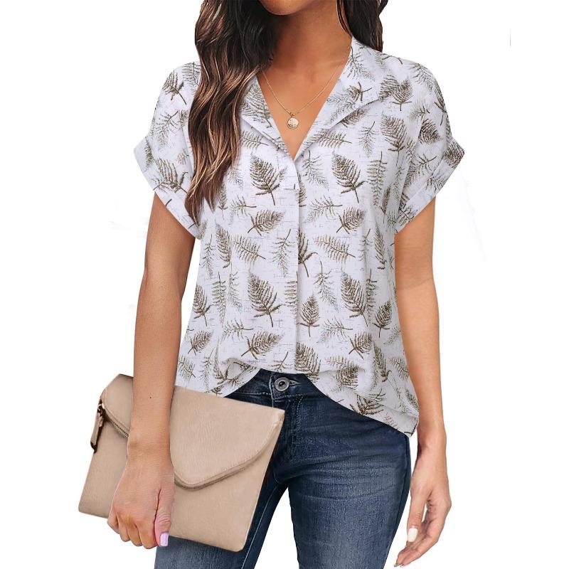 JKASHDK Women's Fashion Casual Summer Spring Flower Pattern Print Short Sleeve POLO Neck Blouses & Shirts