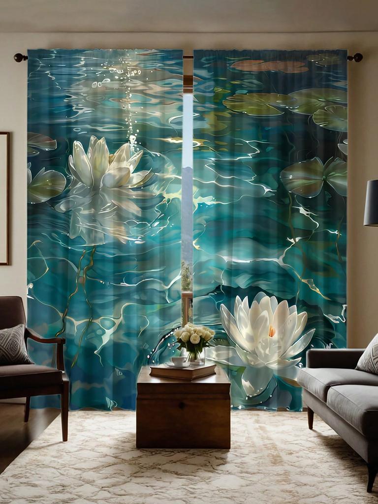 2pcs Water Lotus Print Sheer Curtains - Modern Design   Polyester Knit Fabric   Machine Washable - Suitable For Bedroom   Office