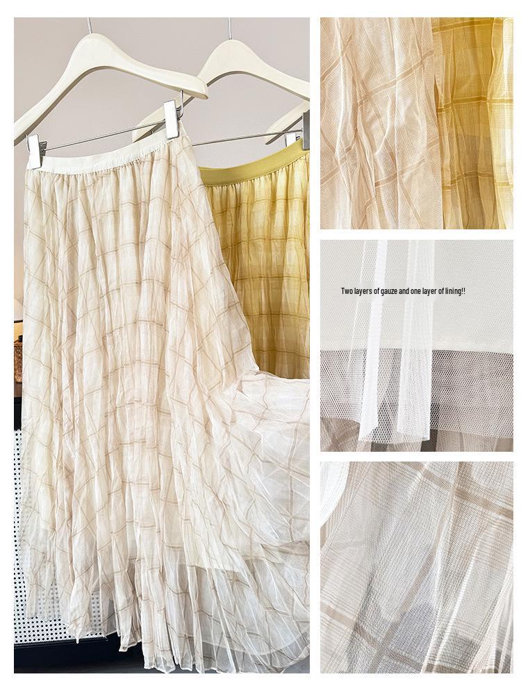Design-Forward Plaid Mesh Midi Skirt: 2026 Spring/Summer Women's Wrinkled Drape Resort Skirt