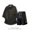 Mens 2 Piece Outfits Striped Short Sleeves Button Down Collared Shirt Matching Shorts Sets