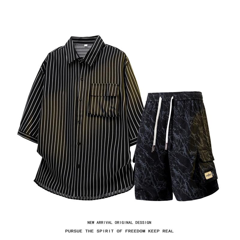 

Mens 2 Piece Outfits Striped Short Sleeves Button Down Collared Shirt Matching Shorts Sets 5XL