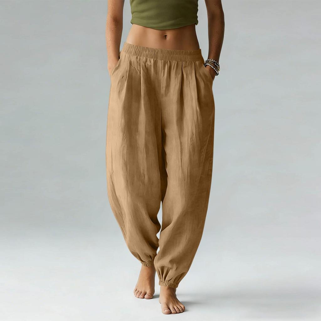 Women's Cotton Linen Pants Casual Elastic Waist Color Jogger Pants Comfy Beach Vacation Trousers With Pockets
