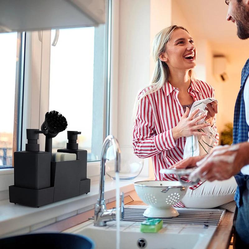 Dozownik mydła do kuchni z uchwytem na gąbkę (bez gąbki), nadaje się do zlewu, mydła do rąk i płynu do mycia naczyń