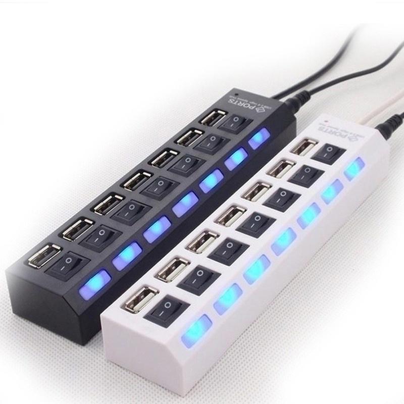 7 Ports LED USB 2.0 Adapter Hub Power On/off Switch for PC Laptop BK
