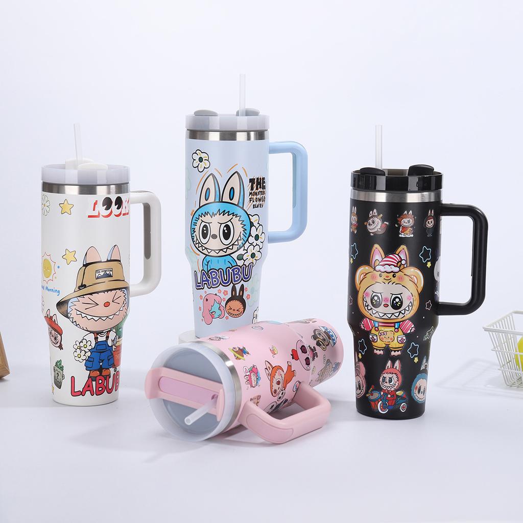 Cartoon 40oz Handle Car Cup 304 Stainless Steel Thermos Cup Outdoor Portable Straw Cup