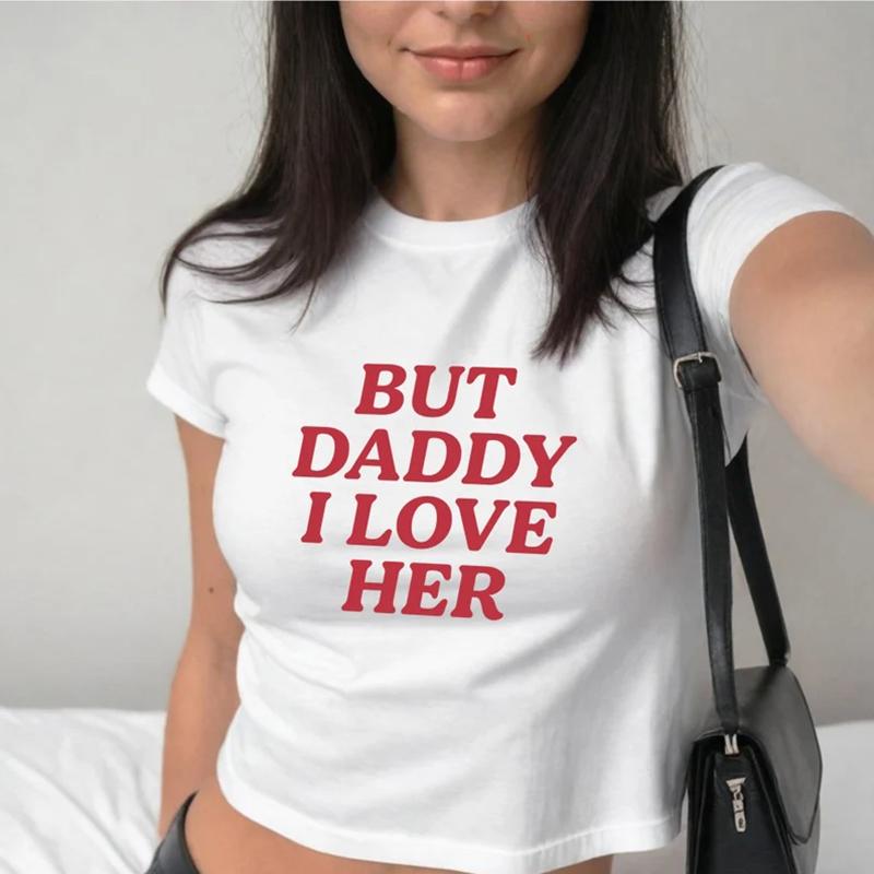 

But Daddy I Love Her Pride Baby Tee Y2K Baby Tee Lesbian LGBT Queer Shirt Bisexual Pride Crop Top Літні футболки з коротким рукавом XXL білий