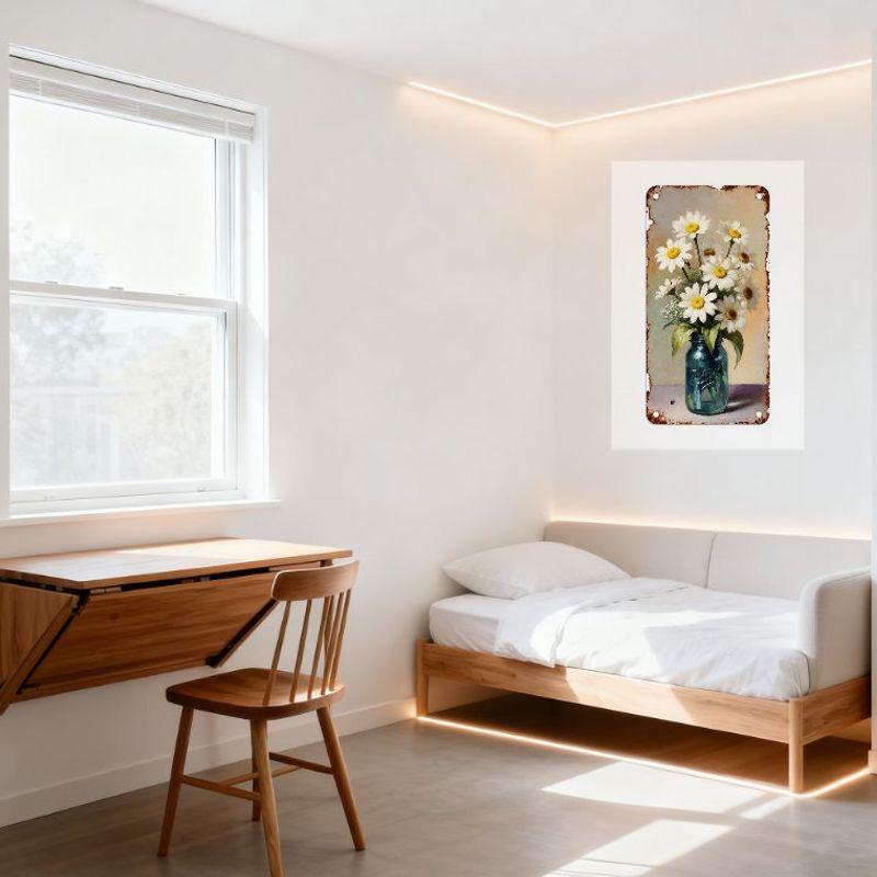 Vintage Rustic Metal Tin Sign with Pecan Blue Mason Jar & White Daisies, Rustic Home Decor for Country Style Café Bar Man Cave