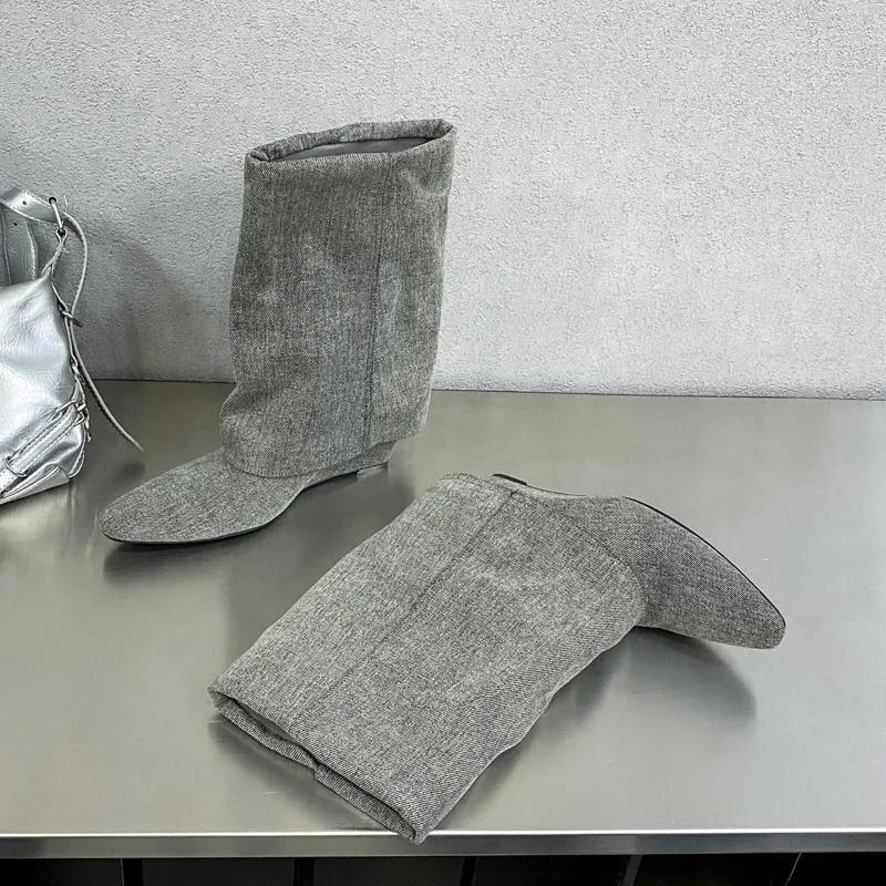 Fashion Eilyken Autumn Wedges Heels Women Ankle Boots Fold Pointed Toe Shoes Modern Short Booties Zapatos De Mujer